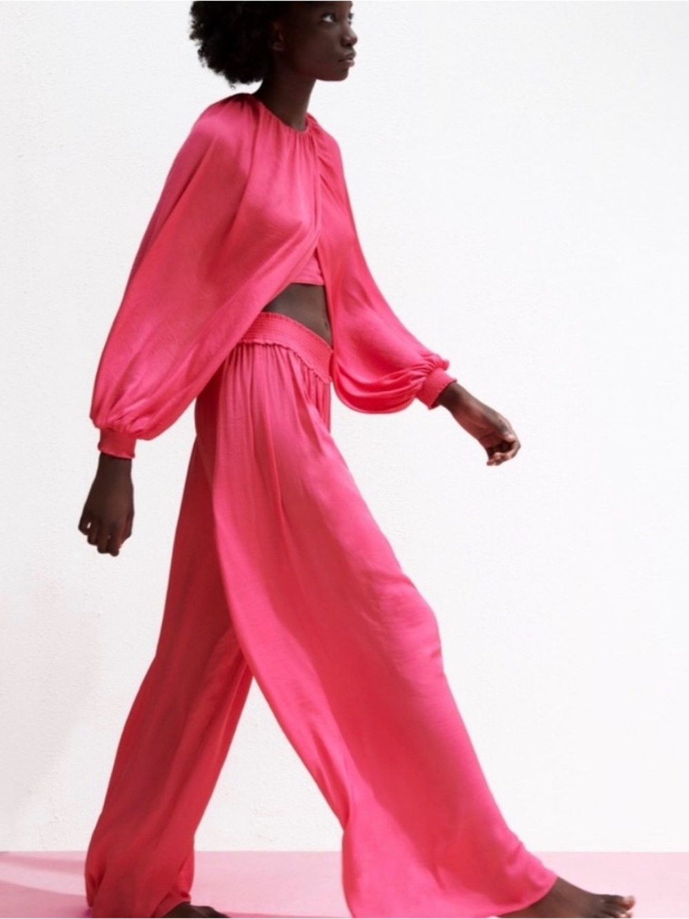 Zara Flowing Silk Pant Set in Bright Pink